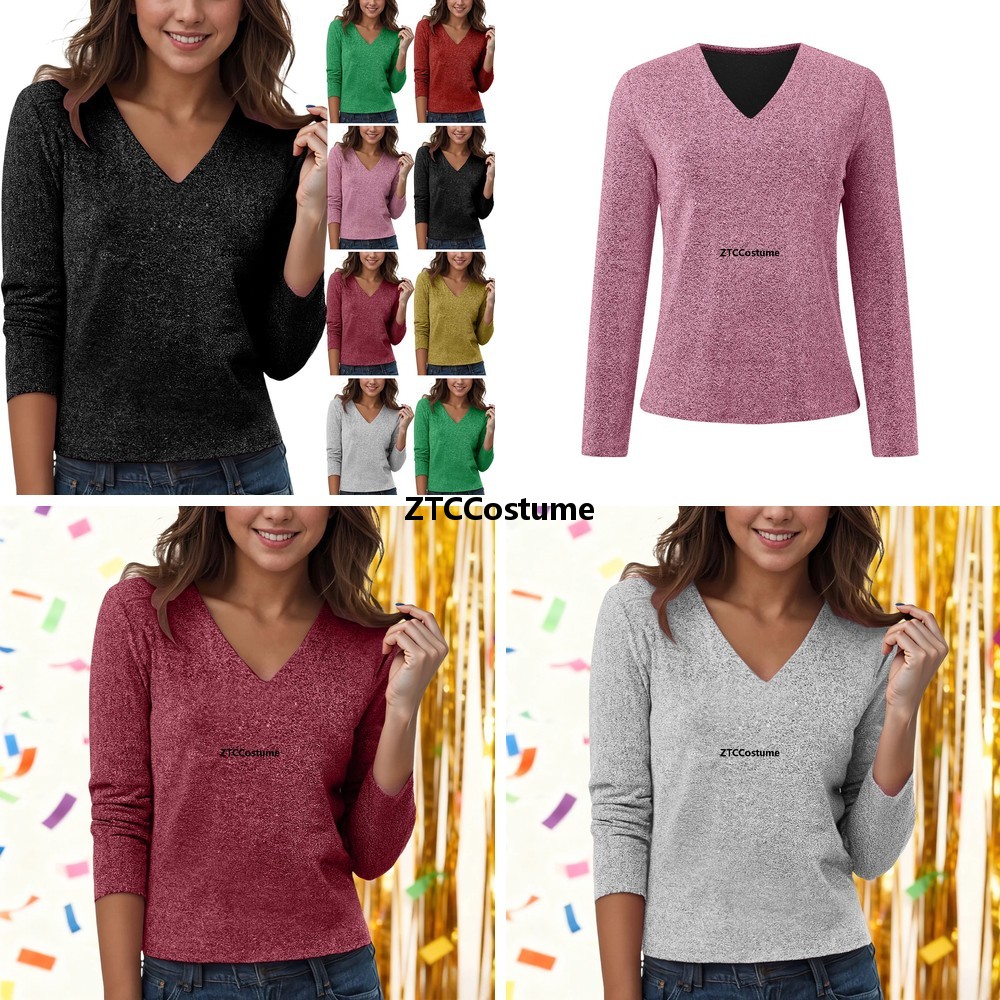 Women Formal Blouses For Evening Wear - 코스프레 스팽글 V넥 긴팔 블라우스 우아한