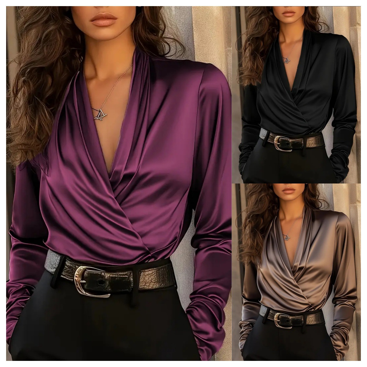 Women Formal Blouses For Evening Wear - 여성용 새틴 랩 브이넥 긴팔 블라우스