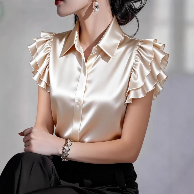 Silk Blouse Button - 캐주얼 러플 반팔 블라우스 2026 봄
