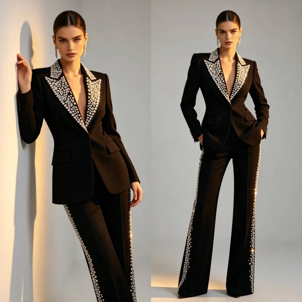 Women'S Formal Wear Plus Size - 패션 크리스탈 2피스 수트 피크드 라펠
