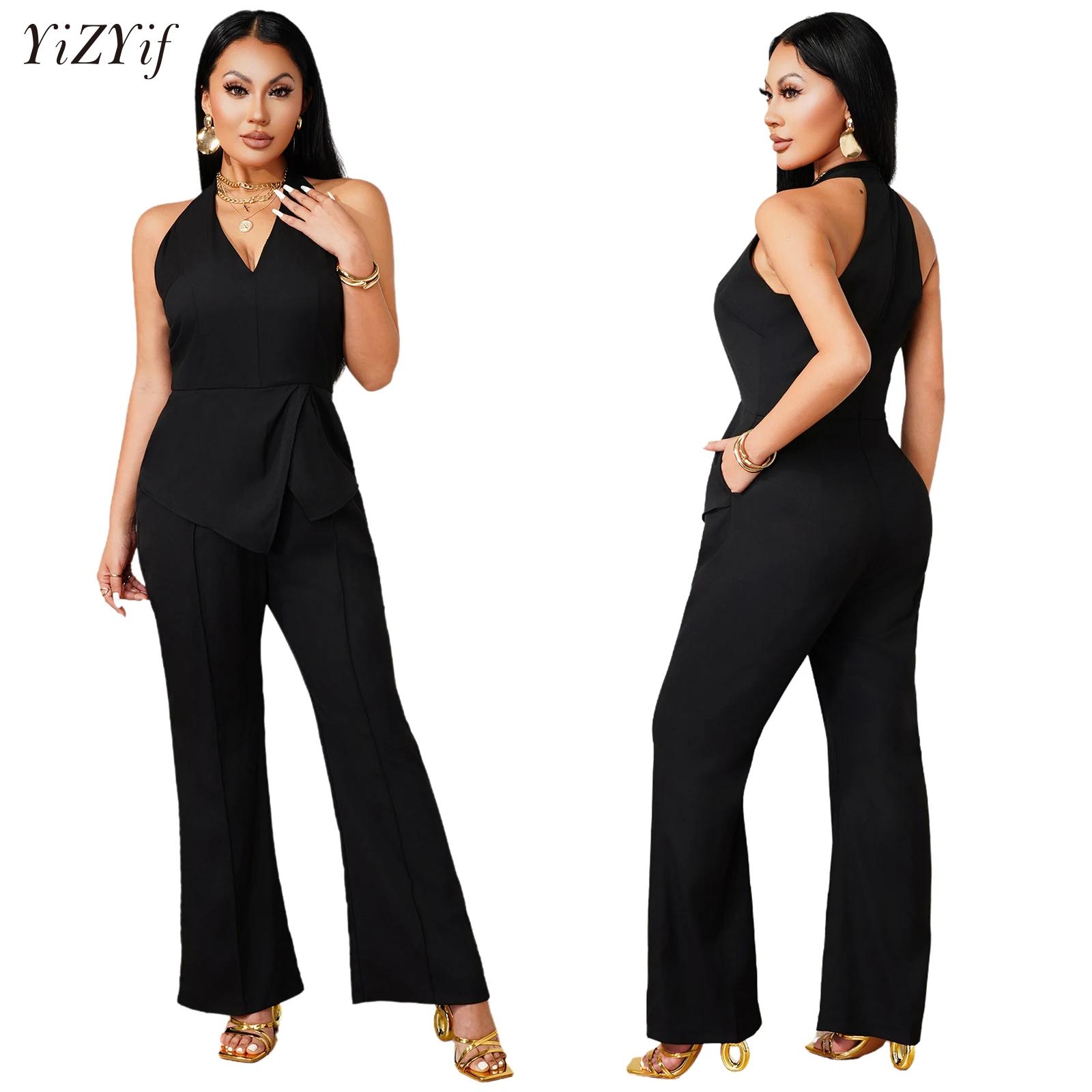 Women'S Formal Wear Pants - 슬리브리스 V넥 점프수트 비대칭 드레이핑 오버레이