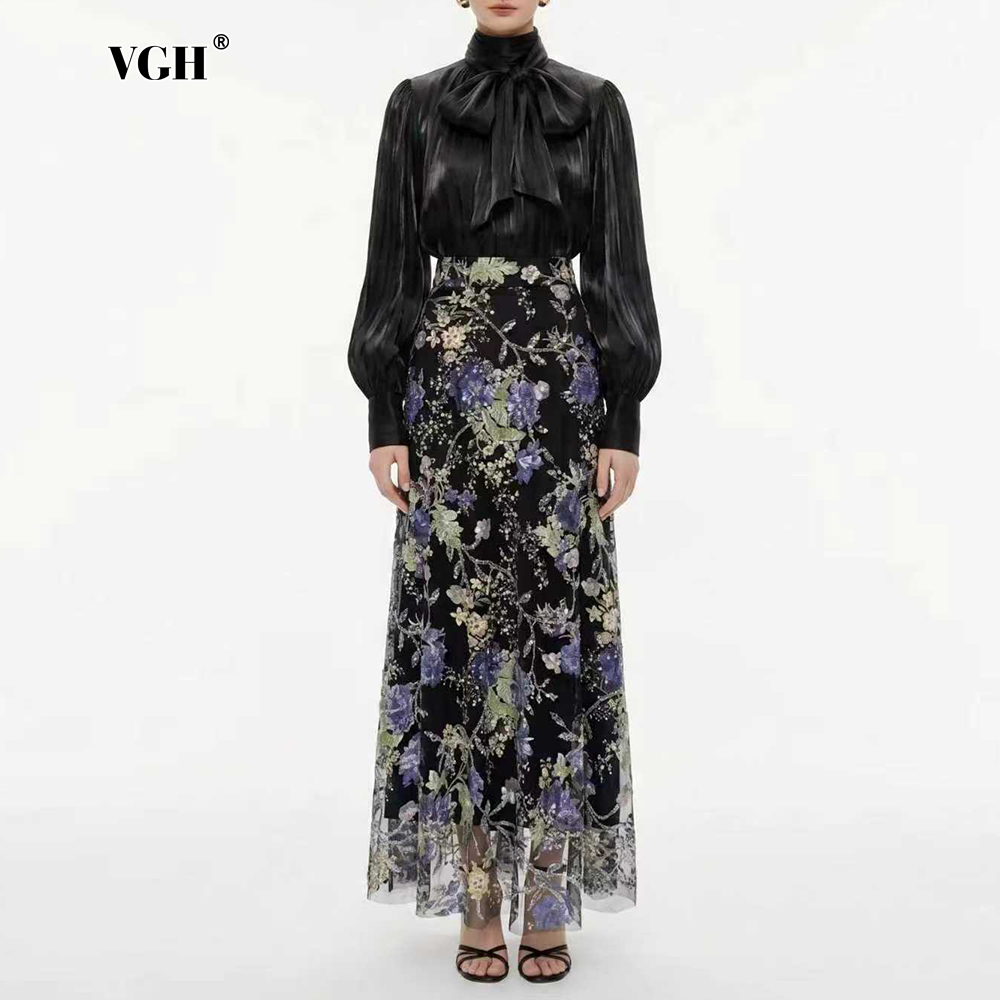 Women Formal Blouses For Evening Wear - VGH 여성용 우아하고 세련된 블랙 플로럴