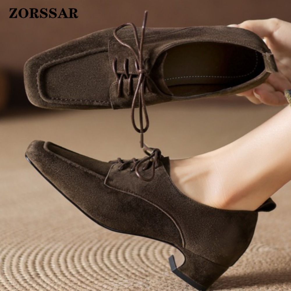 Women Formal Office Wear Shoes - 여성용 브라운 스웨이드 스퀘어 토 레이스업