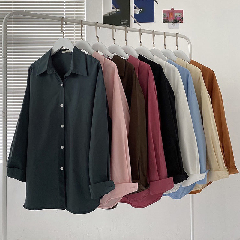 Silk Blouse Button - 솔리드 긴팔 루즈 셔츠와 블라우스 겉옷