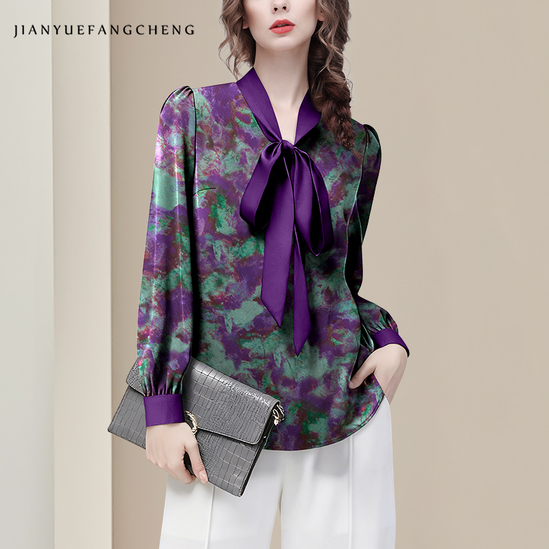 Women Formal Blouses For Evening Wear - 보라색 플로럴 우아한 새틴 블라우스 여성