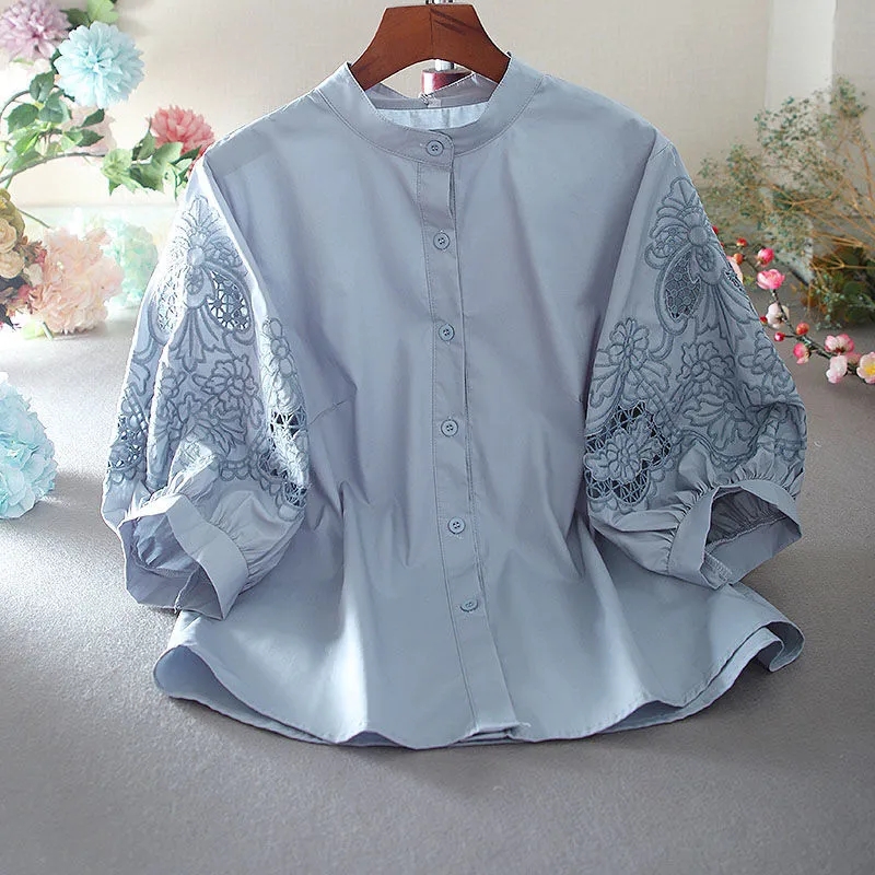 2025 순면 스탠드업 칼라, 할로우 아웃 자수 셔츠, - Female Formal Wear 리뷰 및 가격