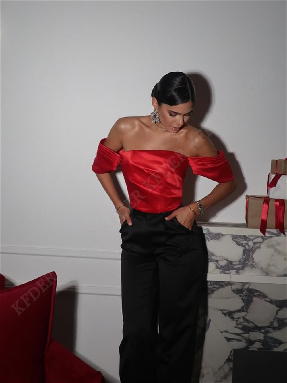 오프숄더 새틴 블라우스 여성 우아한 드레이핑 퍼프 소매 - Women Formal Blouses For Evening Wear 리뷰 및 가격