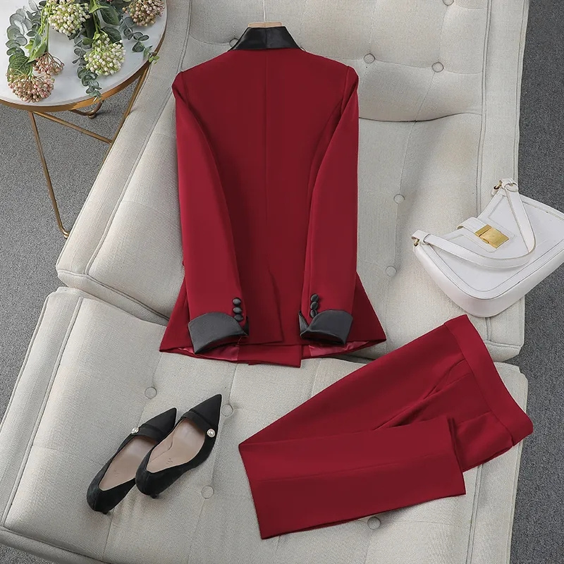 우아한 레드 블랙 여성 팬츠 수트 오피스 레이디 여성  - Women Formal Wear With Black Blazer 리뷰 및 가격