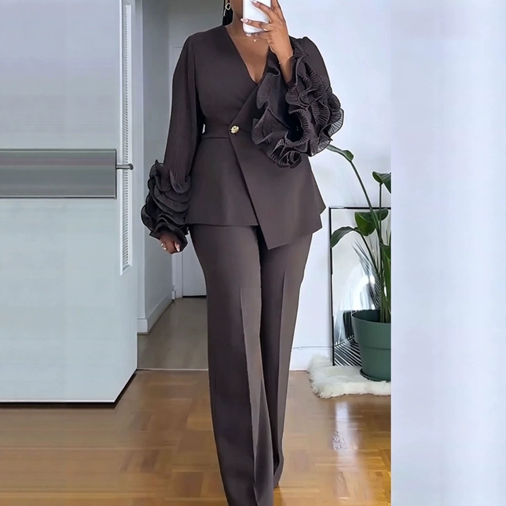 여성용 2피스 팬츠 슈트 딥-V 러플 긴소매 블레이저  - Women'S Formal Wear Pants 리뷰 및 가격