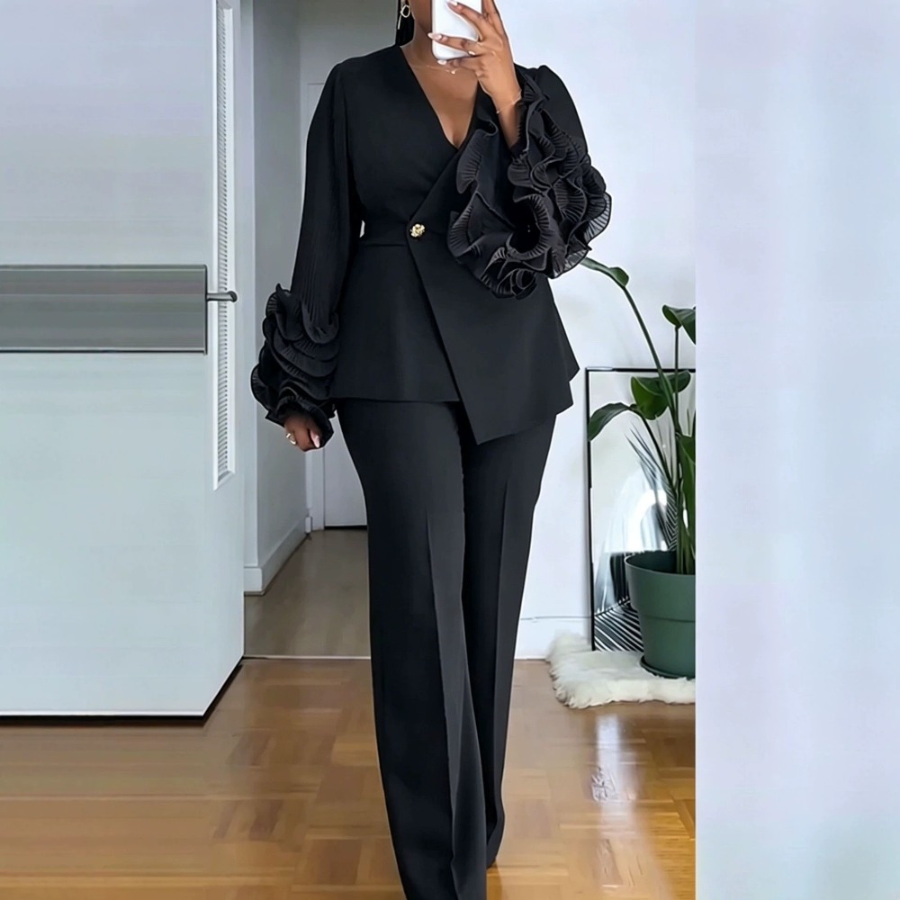 여성용 2피스 팬츠 슈트 딥-V 러플 긴소매 블레이저  - Women'S Formal Wear Pants 리뷰 및 가격