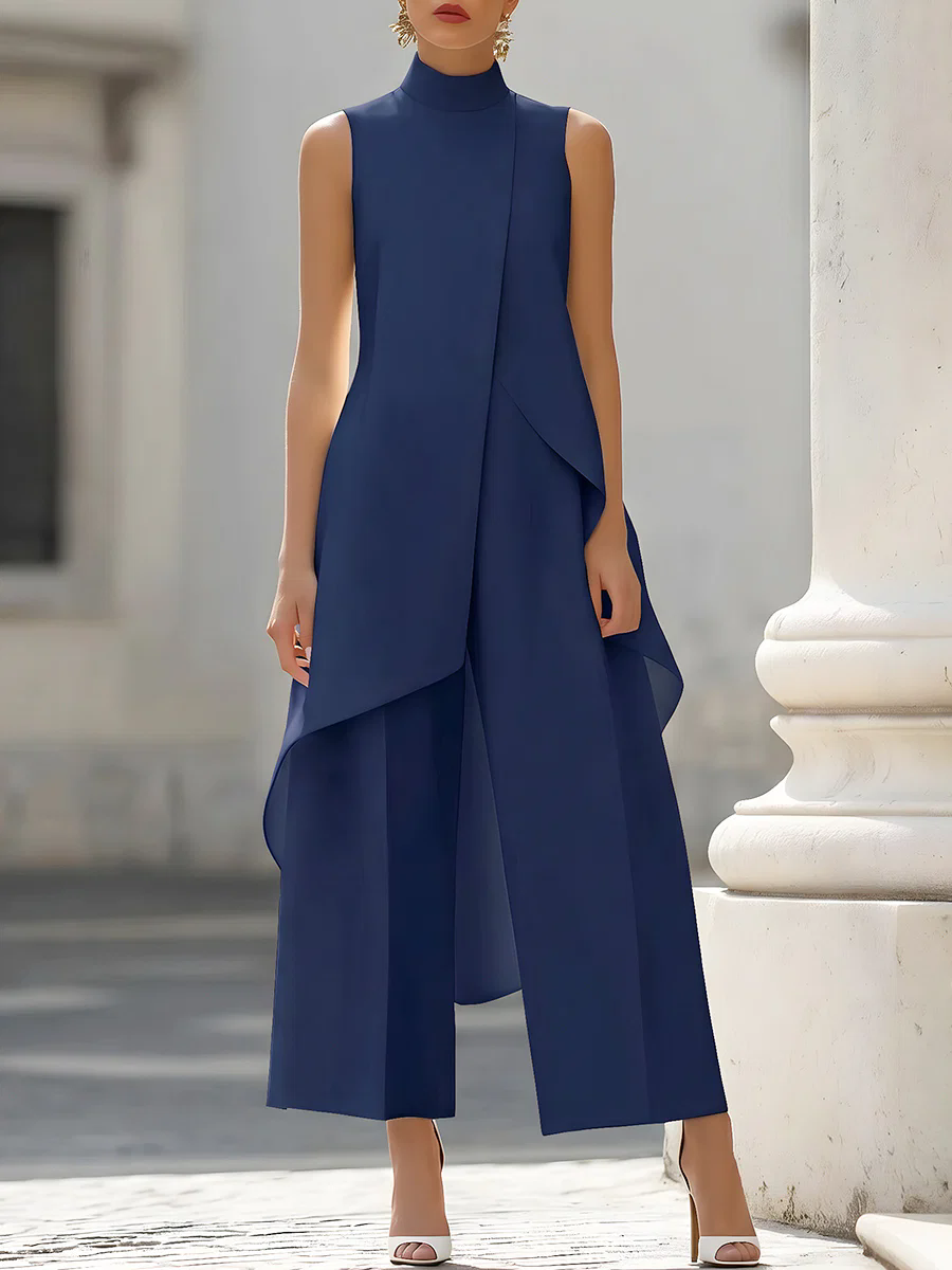 슬리브리스 하이넥 비대칭 오버레이 점프수트 와이드 레그 - Women'S Formal Wear Pants 리뷰 및 가격
