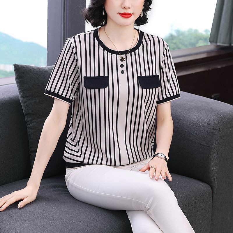 여성용 스트라이프 아이스 실크 티셔츠 반팔 캐주얼 루즈 - Silk Blouse Button 리뷰 및 가격