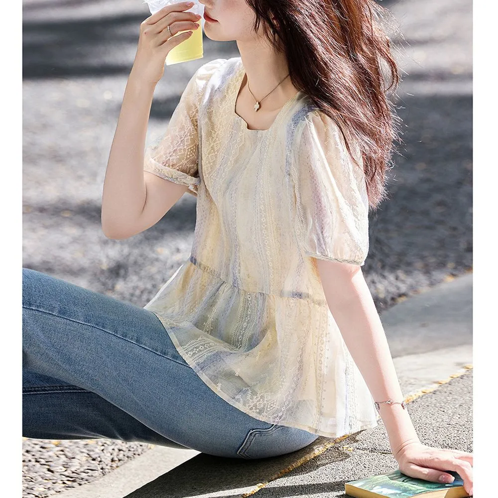 여성 한국 스타일 루즈 퍼프 슬리브 레이스 블라우스 여 - Women Formal Blouses For Evening Wear 리뷰 및 가격