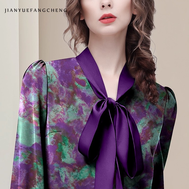 보라색 플로럴 우아한 새틴 블라우스 여성 빈티지 스타일 - Women Formal Blouses For Evening Wear 리뷰 및 가격
